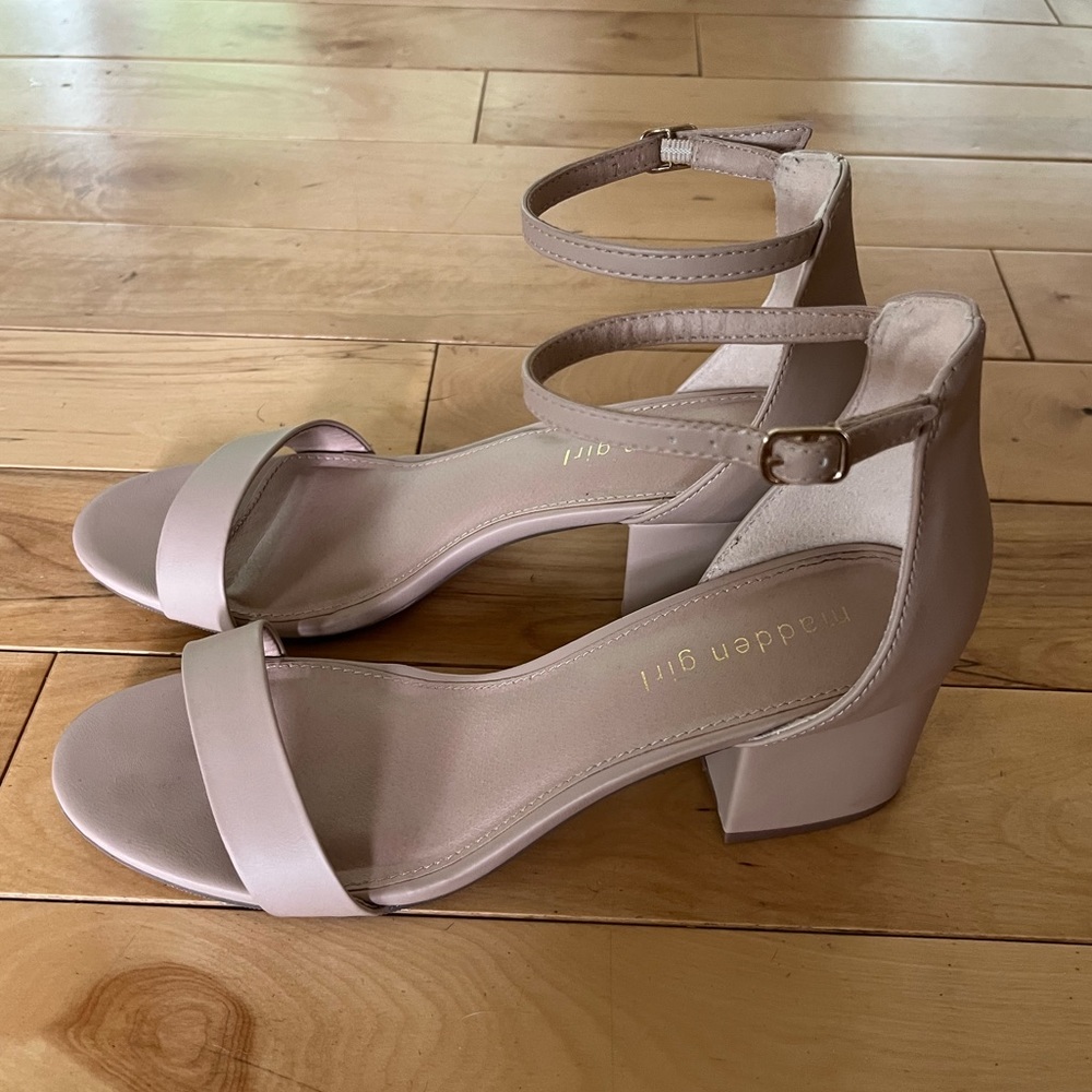 Madden Girl nude color, block heel dress sandals